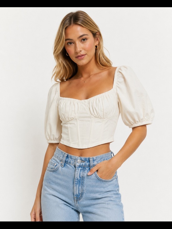 Astr Tops - ASTR The Label Ivory Corset Puff Sleeve Linen Blend Crop Top Size S